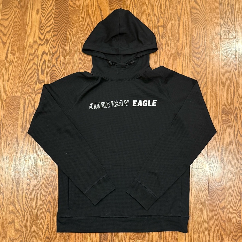 Y2K Waffe Weave American Eagle Logo Raglan Sleeve Hoodie Sweatshirt Black